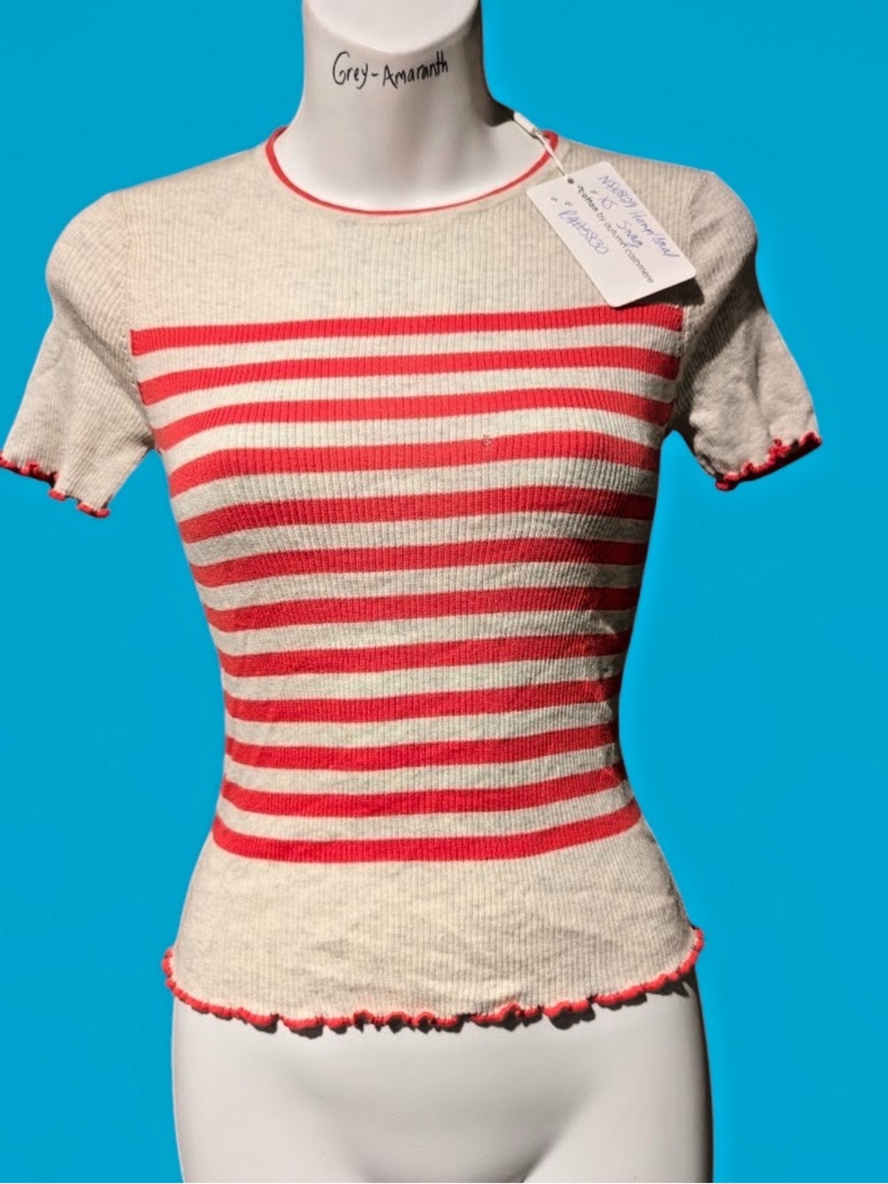 Autumn Cashmere Cream and Coral Striped Short-Sleeve Knit Top